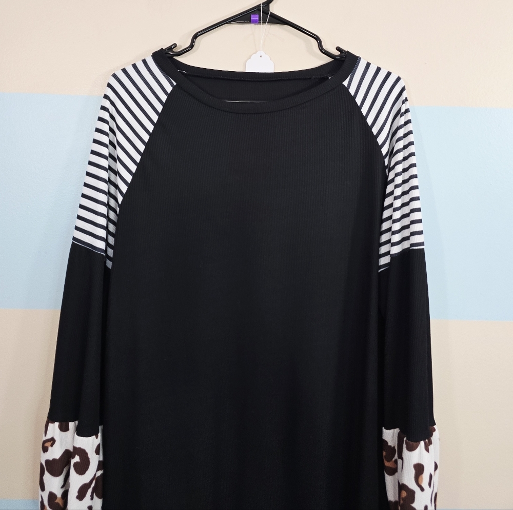 Leopard Lantern Sleeve Stripe Patchwork Casual Co… - image 4